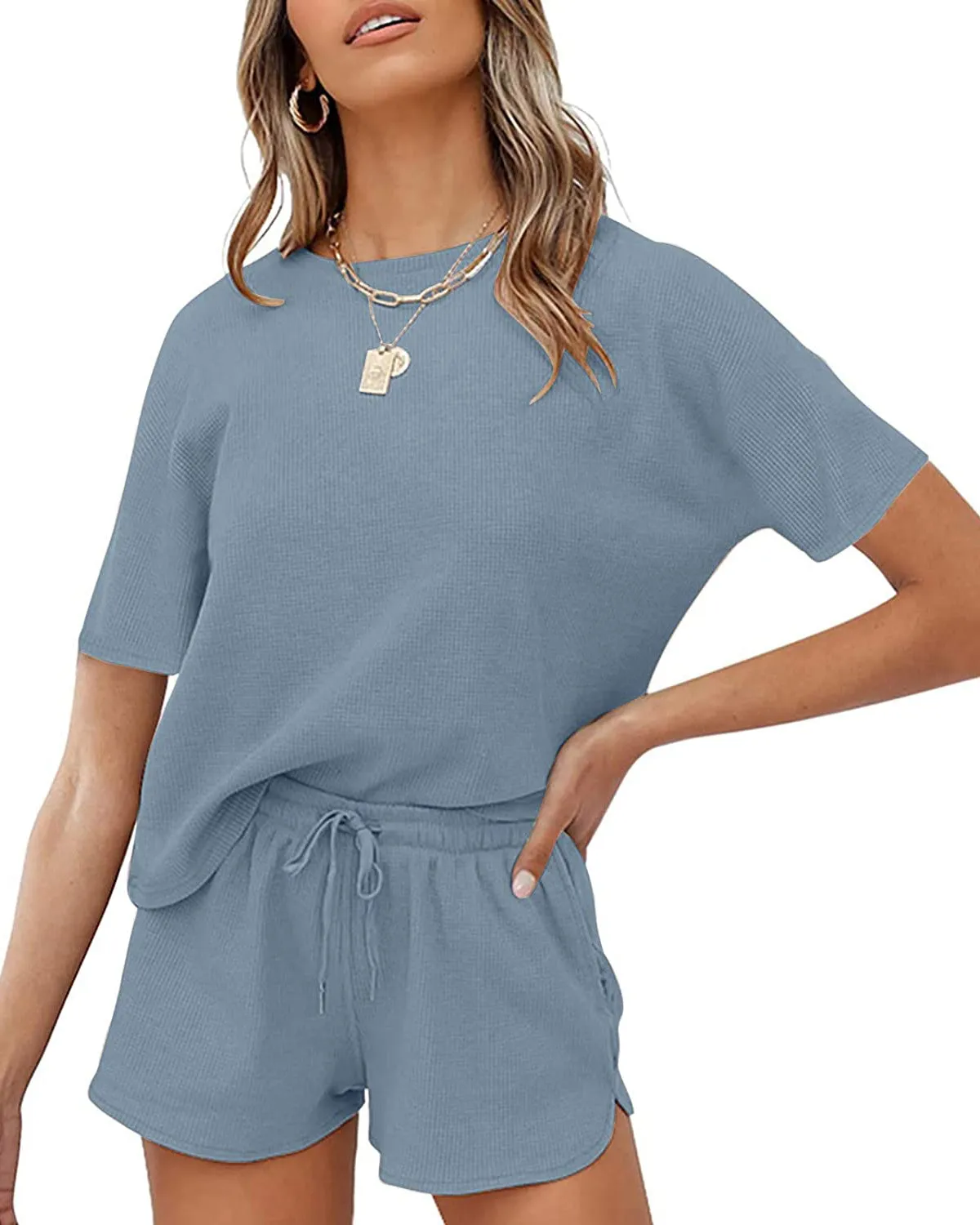 MEROKEETY Short Sleeve Waffle Pajama Set