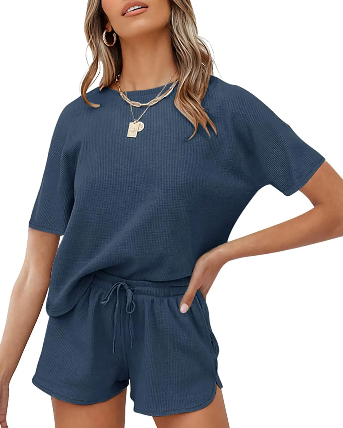 MEROKEETY Short Sleeve Waffle Pajama Set