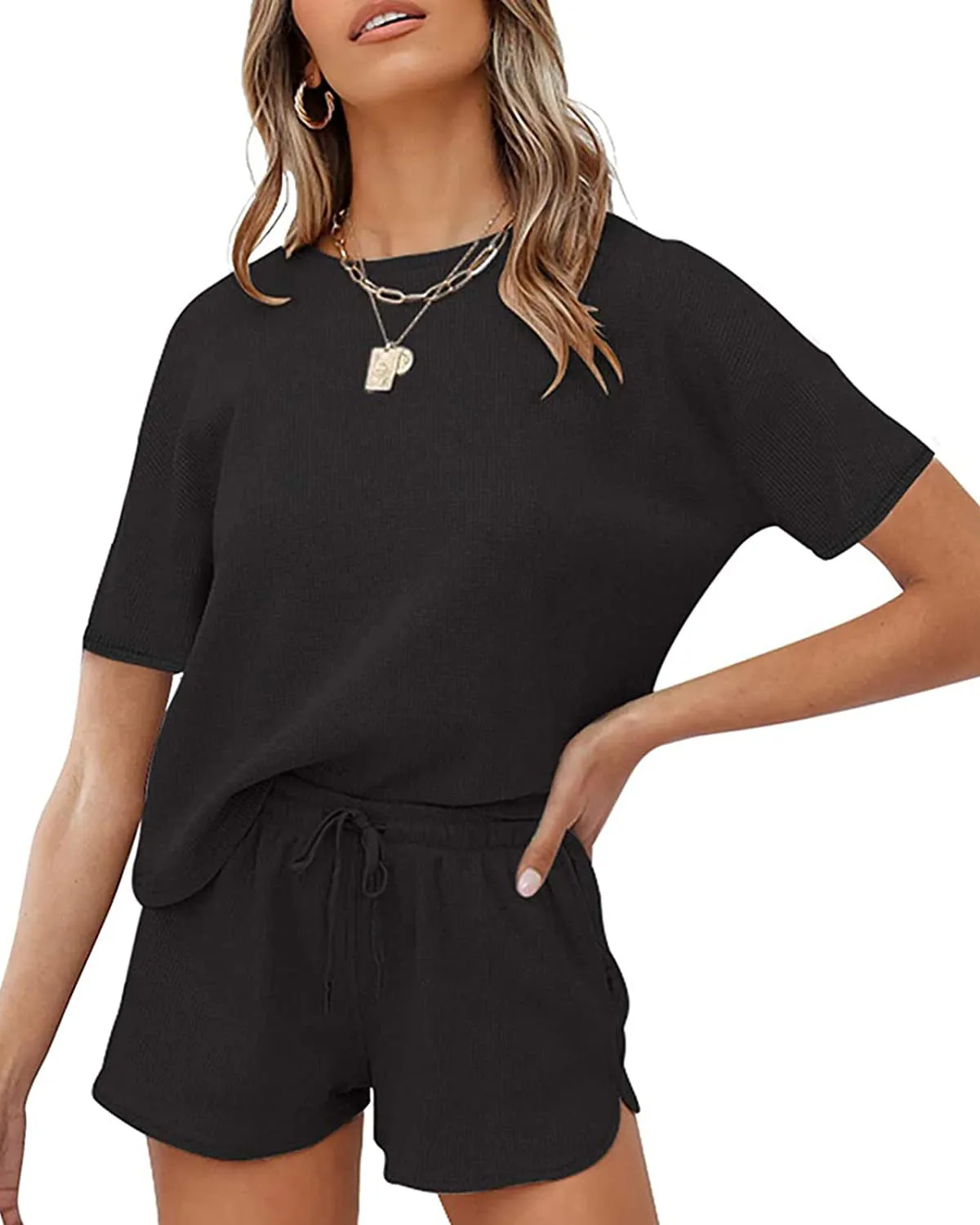 MEROKEETY Short Sleeve Waffle Pajama Set