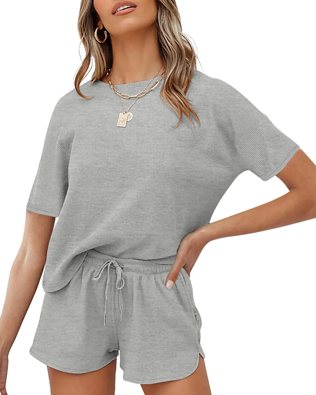 MEROKEETY Short Sleeve Waffle Pajama Set