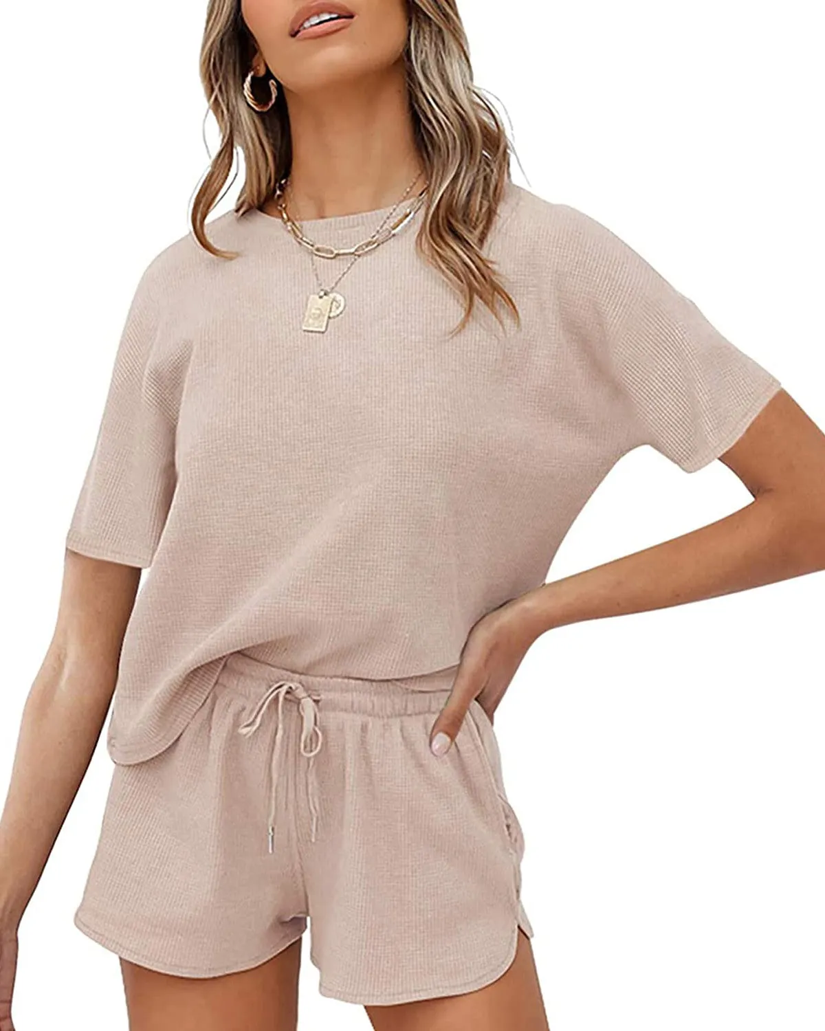 MEROKEETY Short Sleeve Waffle Pajama Set