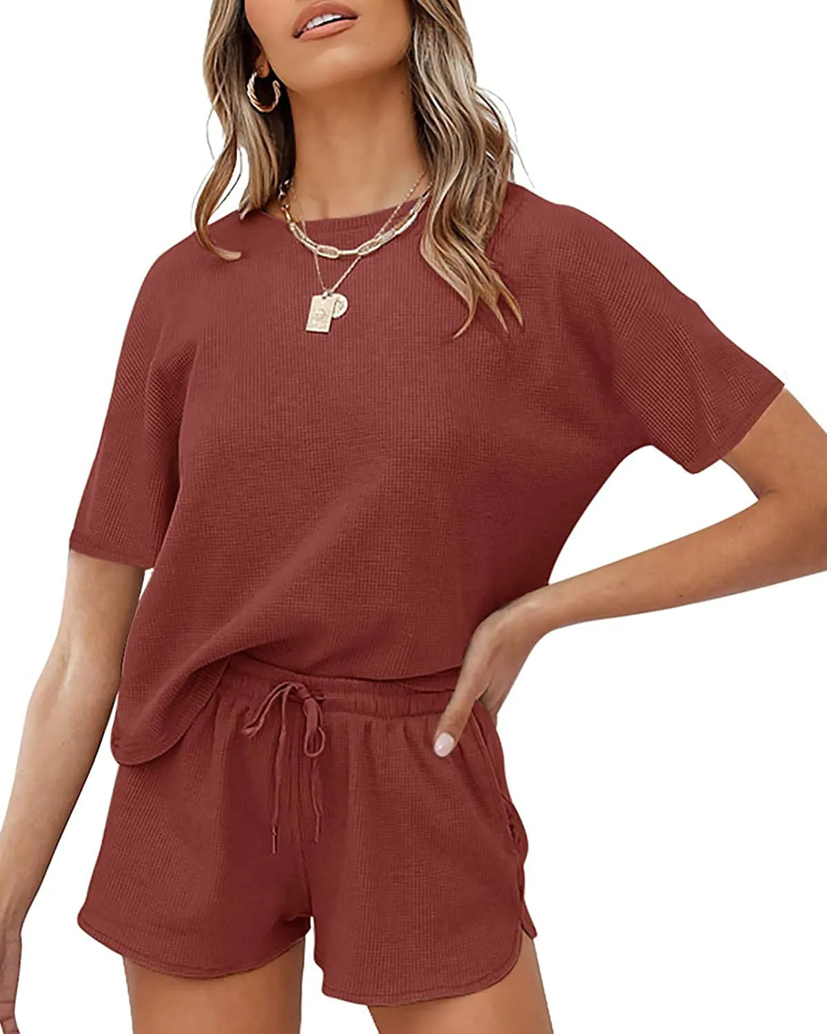 MEROKEETY Short Sleeve Waffle Pajama Set