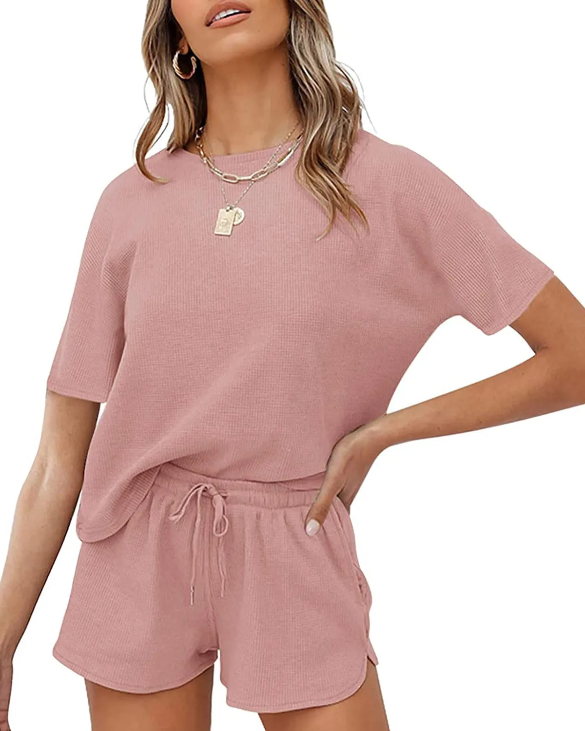 MEROKEETY Short Sleeve Waffle Pajama Set