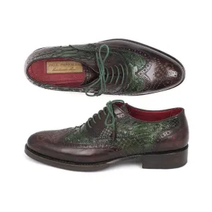 Paul Parkman Handmade Designer Shoes Goodyear Welted Green & Brown Calfskin Wingtip Oxfords (PM5313)