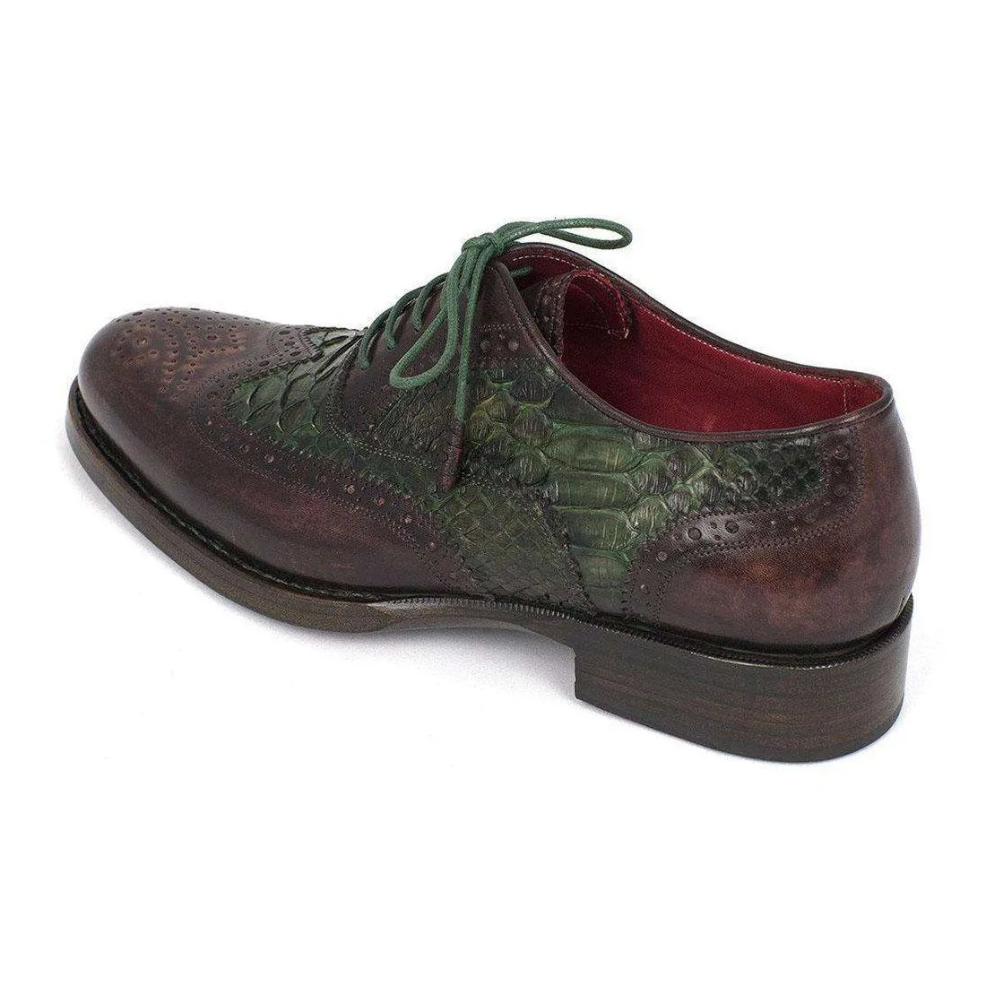 Paul Parkman Handmade Designer Shoes Goodyear Welted Green & Brown Calfskin Wingtip Oxfords (PM5313)