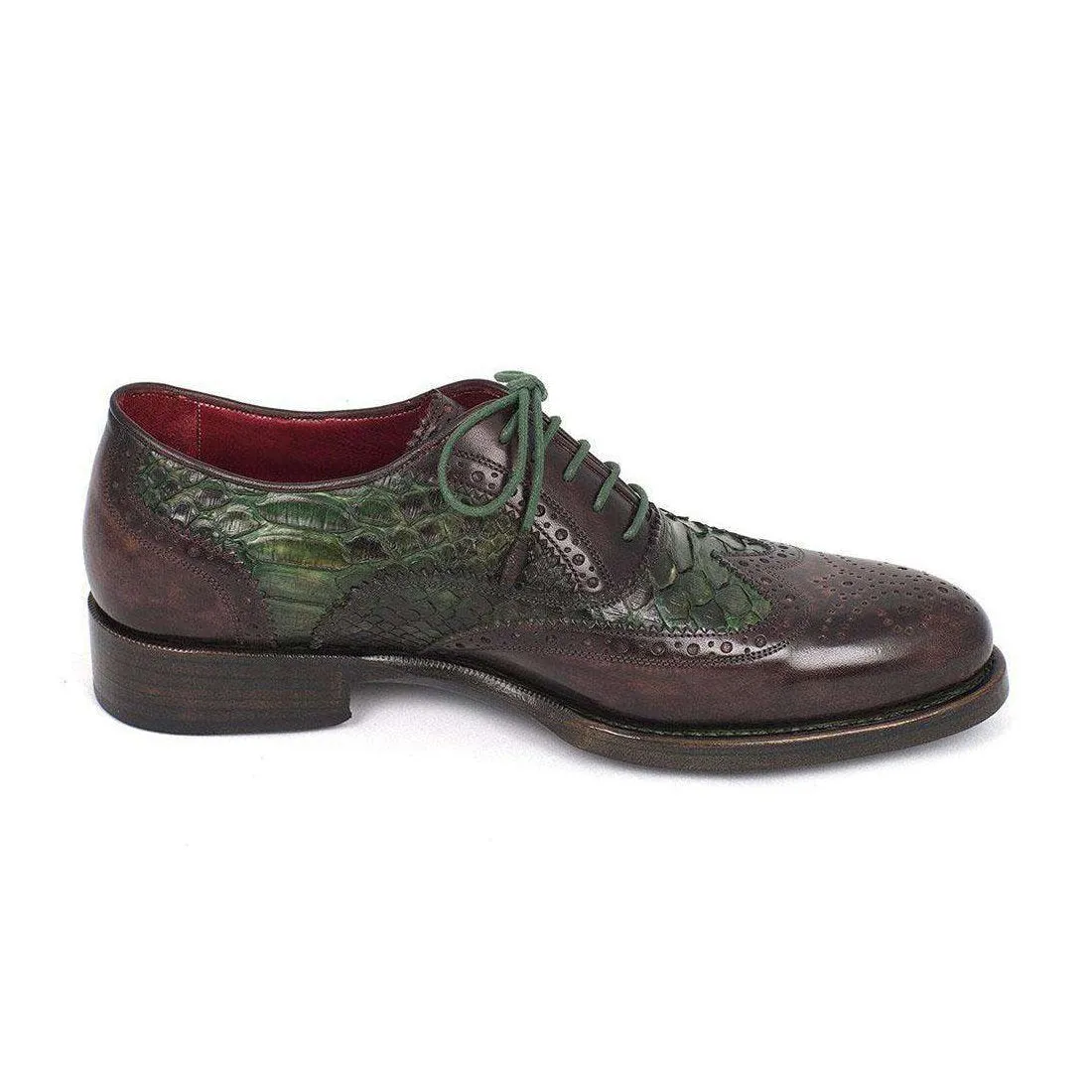 Paul Parkman Handmade Designer Shoes Goodyear Welted Green & Brown Calfskin Wingtip Oxfords (PM5313)