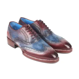 Paul Parkman Handmade Designer Shoes Goodyear Welted Two Tone Wingtip Oxfords Blue & Bordeaux Oxfords (PM5651)