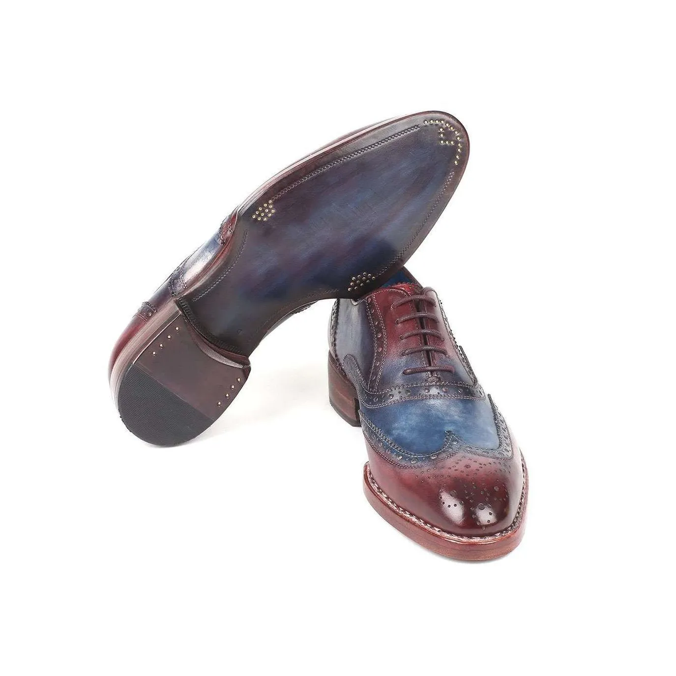 Paul Parkman Handmade Designer Shoes Goodyear Welted Two Tone Wingtip Oxfords Blue & Bordeaux Oxfords (PM5651)