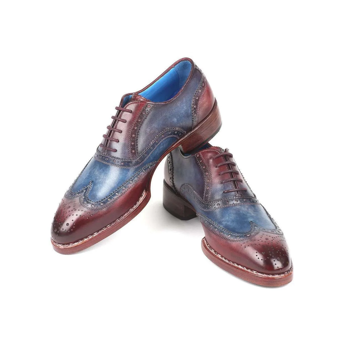 Paul Parkman Handmade Designer Shoes Goodyear Welted Two Tone Wingtip Oxfords Blue & Bordeaux Oxfords (PM5651)