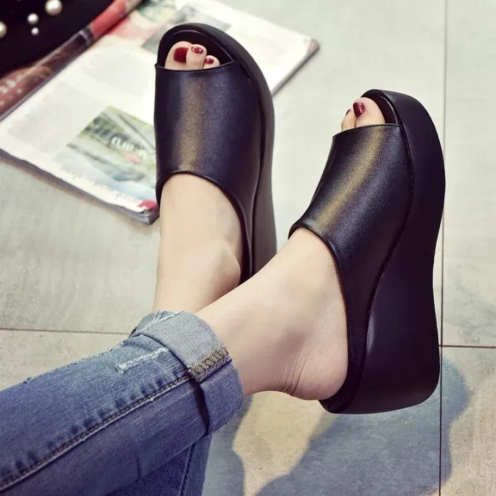 Peep toe platform wedge slide sandals