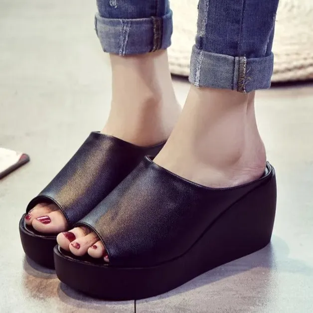 Peep toe platform wedge slide sandals