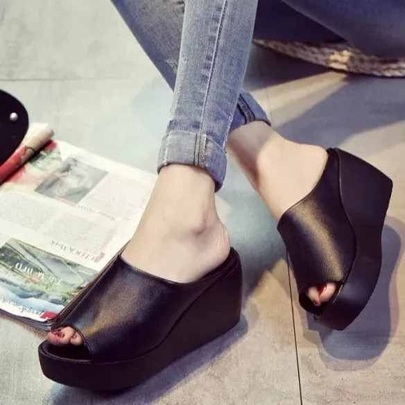 Peep toe platform wedge slide sandals