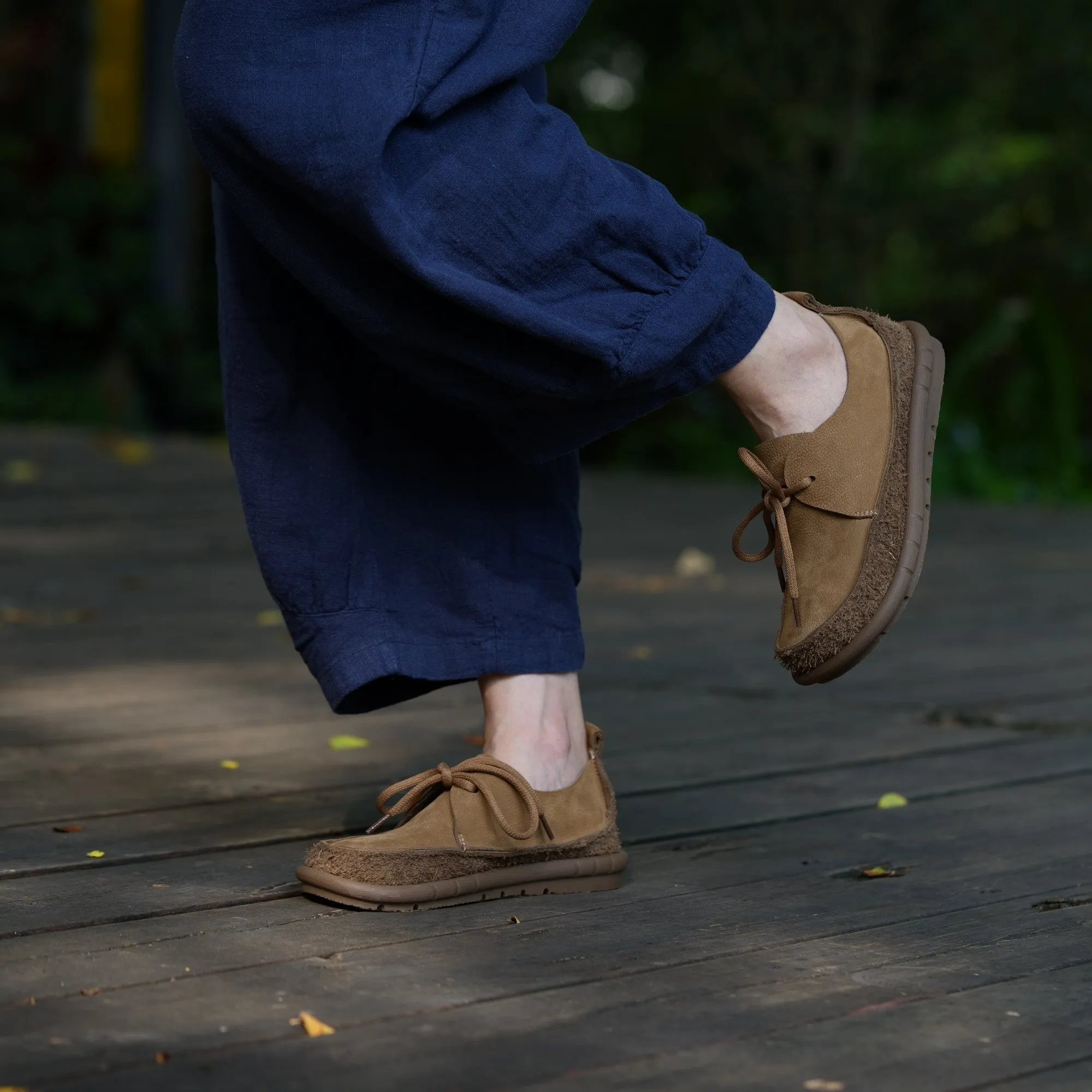 Soft Leather Lace-Up Casual Shoes Retro Flats in Khaki/Grey