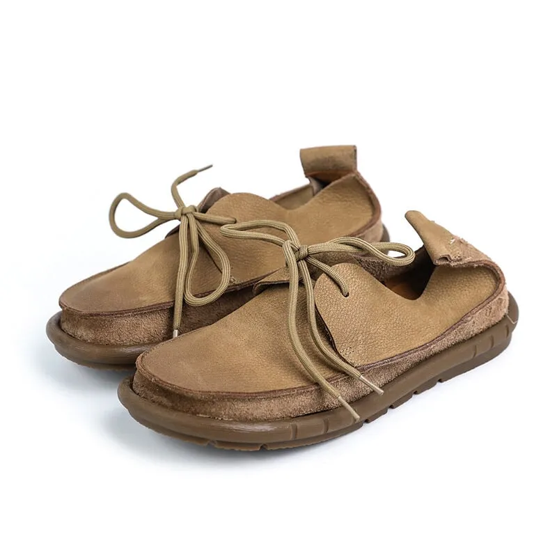 Soft Leather Lace-Up Casual Shoes Retro Flats in Khaki/Grey