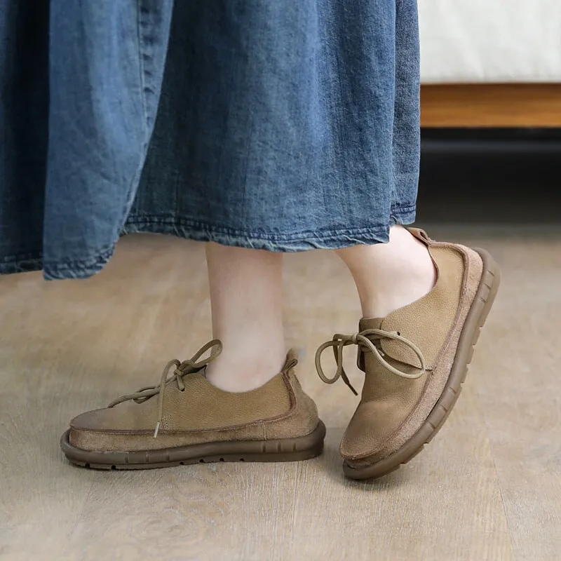 Soft Leather Lace-Up Casual Shoes Retro Flats in Khaki/Grey