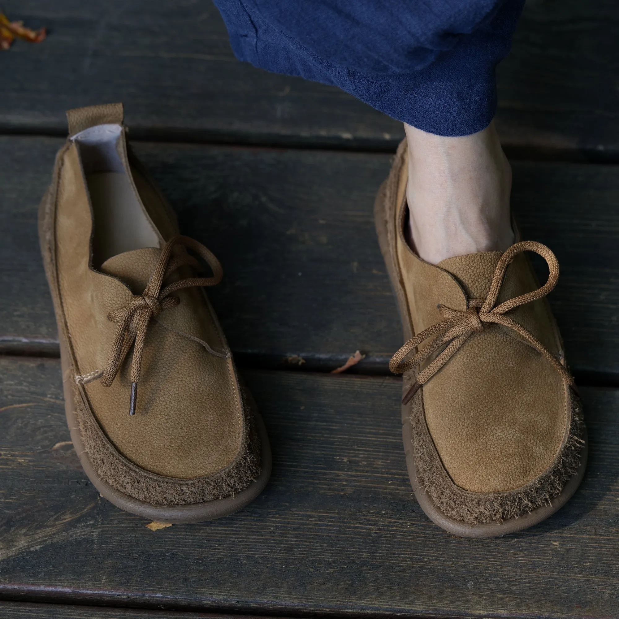 Soft Leather Lace-Up Casual Shoes Retro Flats in Khaki/Grey
