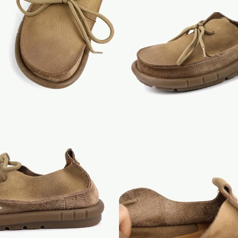 Soft Leather Lace-Up Casual Shoes Retro Flats in Khaki/Grey