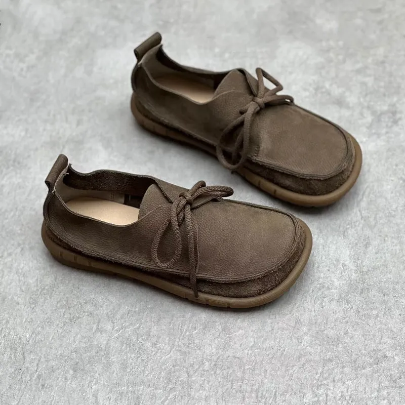 Soft Leather Lace-Up Casual Shoes Retro Flats in Khaki/Grey