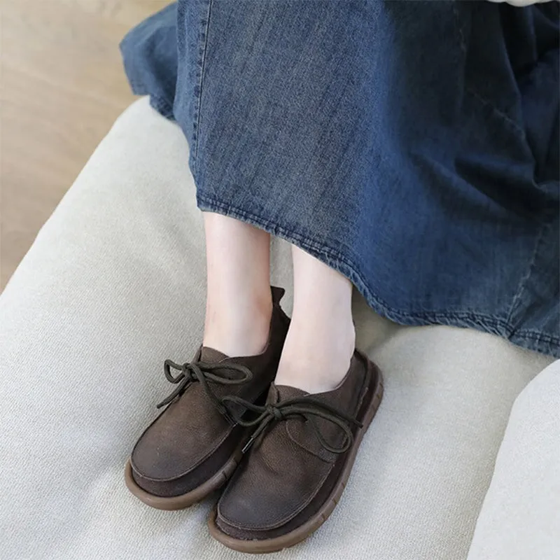 Soft Leather Lace-Up Casual Shoes Retro Flats in Khaki/Grey