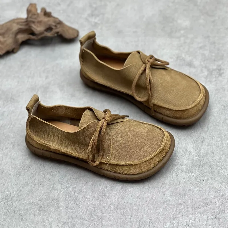 Soft Leather Lace-Up Casual Shoes Retro Flats in Khaki/Grey