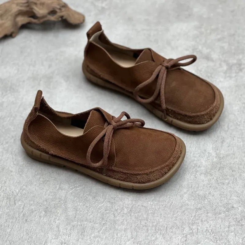 Soft Leather Lace-Up Casual Shoes Retro Flats in Khaki/Grey