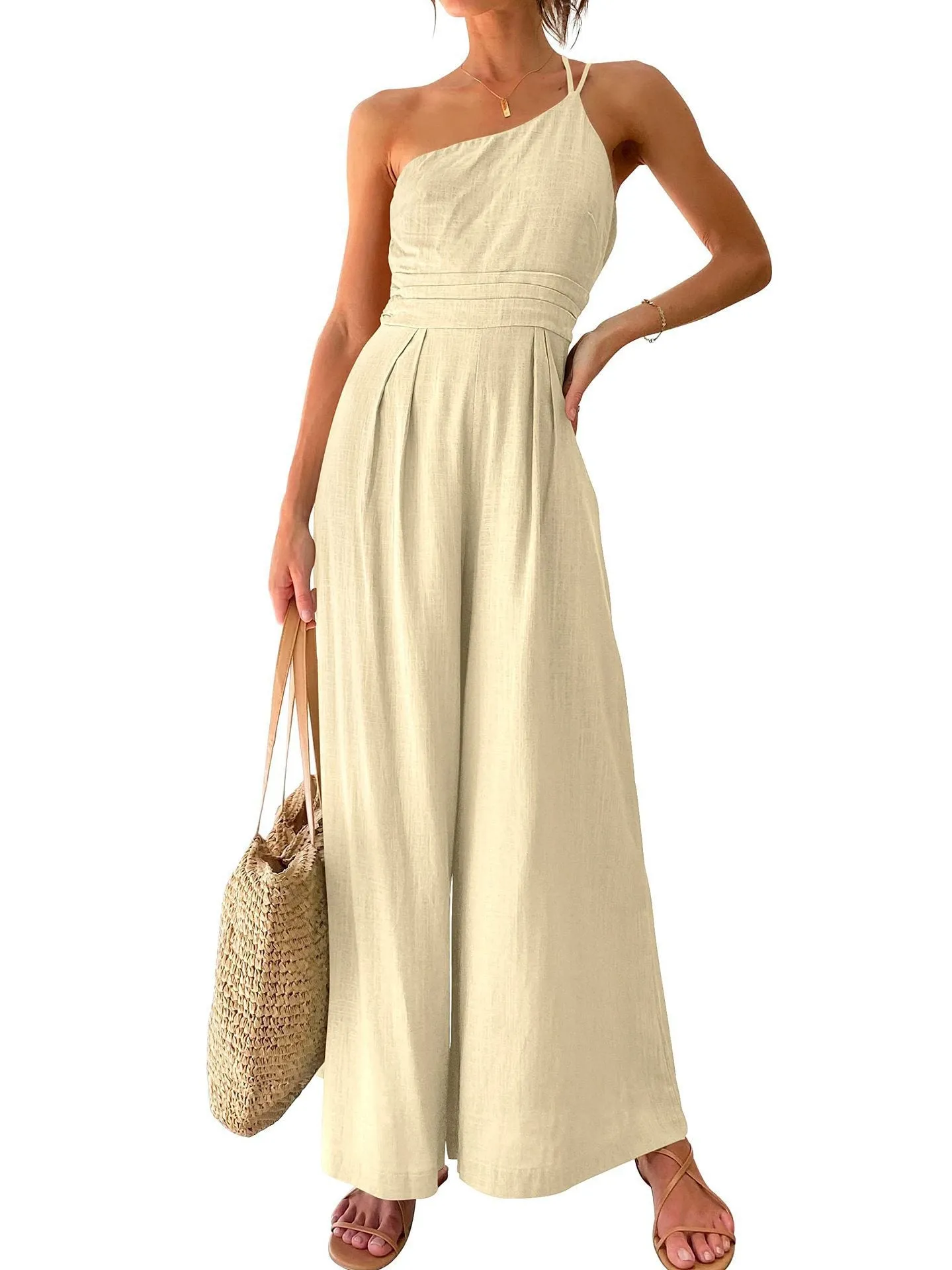 Women Sexy Sling Waist Pocket Straight Sleeveless Jumpsuit