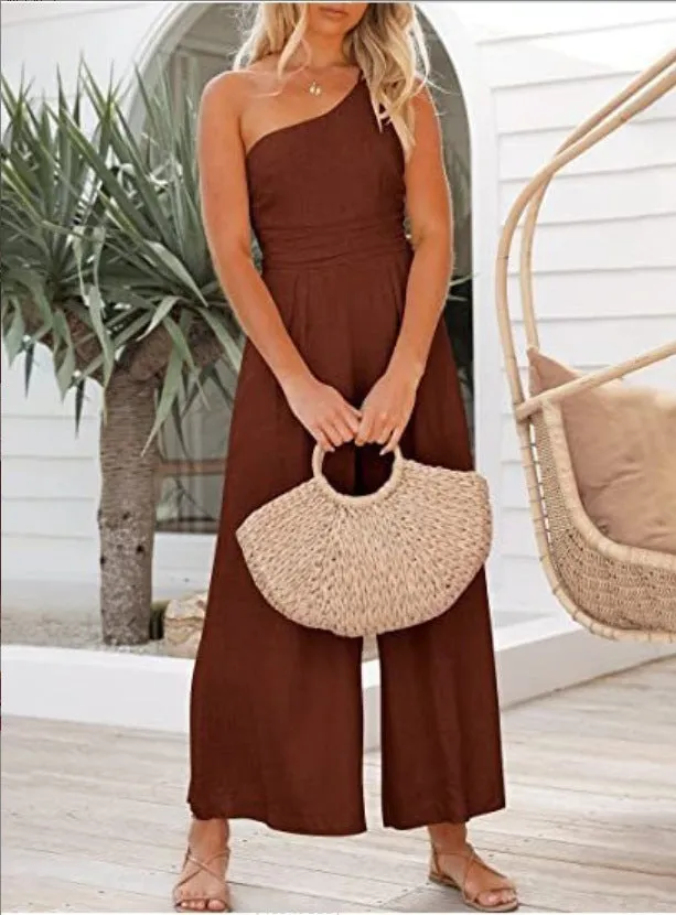 Women Sexy Sling Waist Pocket Straight Sleeveless Jumpsuit