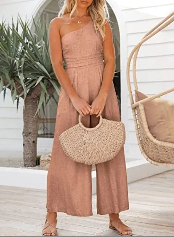 Women Sexy Sling Waist Pocket Straight Sleeveless Jumpsuit