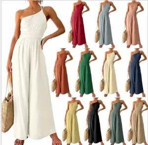 Women Sexy Sling Waist Pocket Straight Sleeveless Jumpsuit