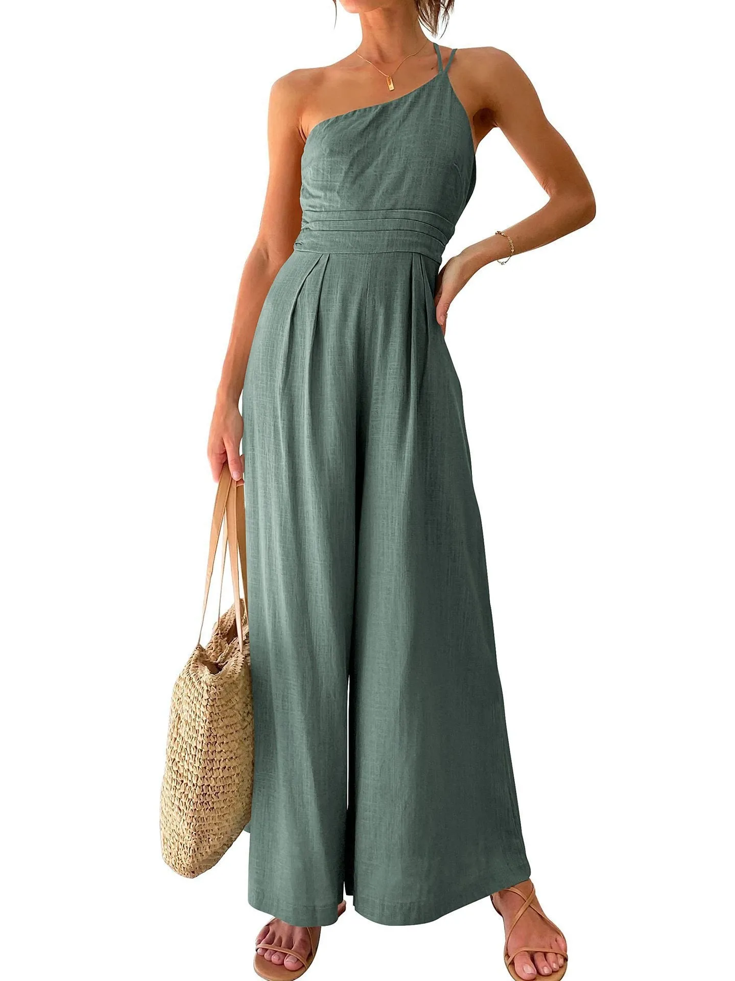 Women Sexy Sling Waist Pocket Straight Sleeveless Jumpsuit