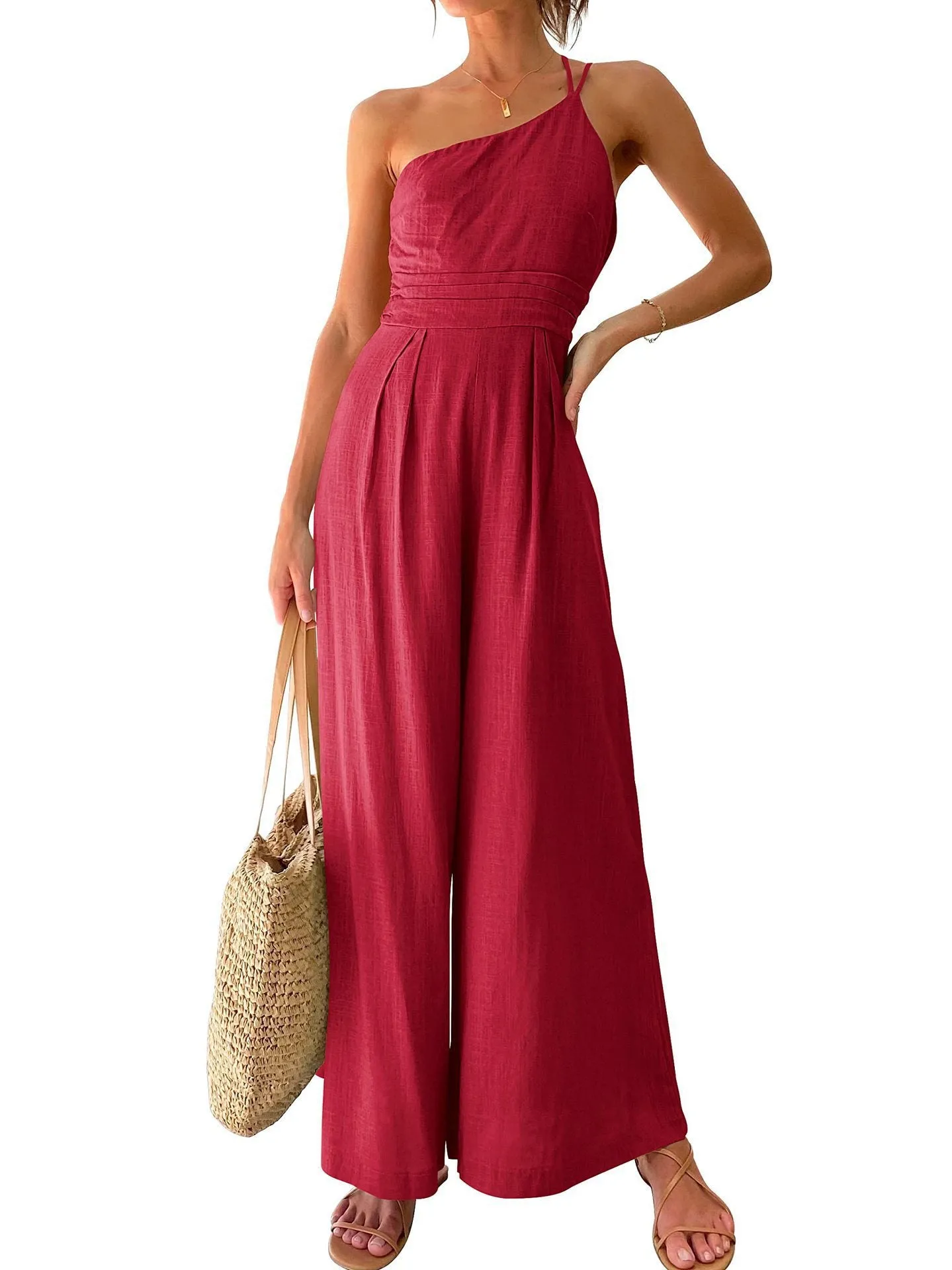 Women Sexy Sling Waist Pocket Straight Sleeveless Jumpsuit