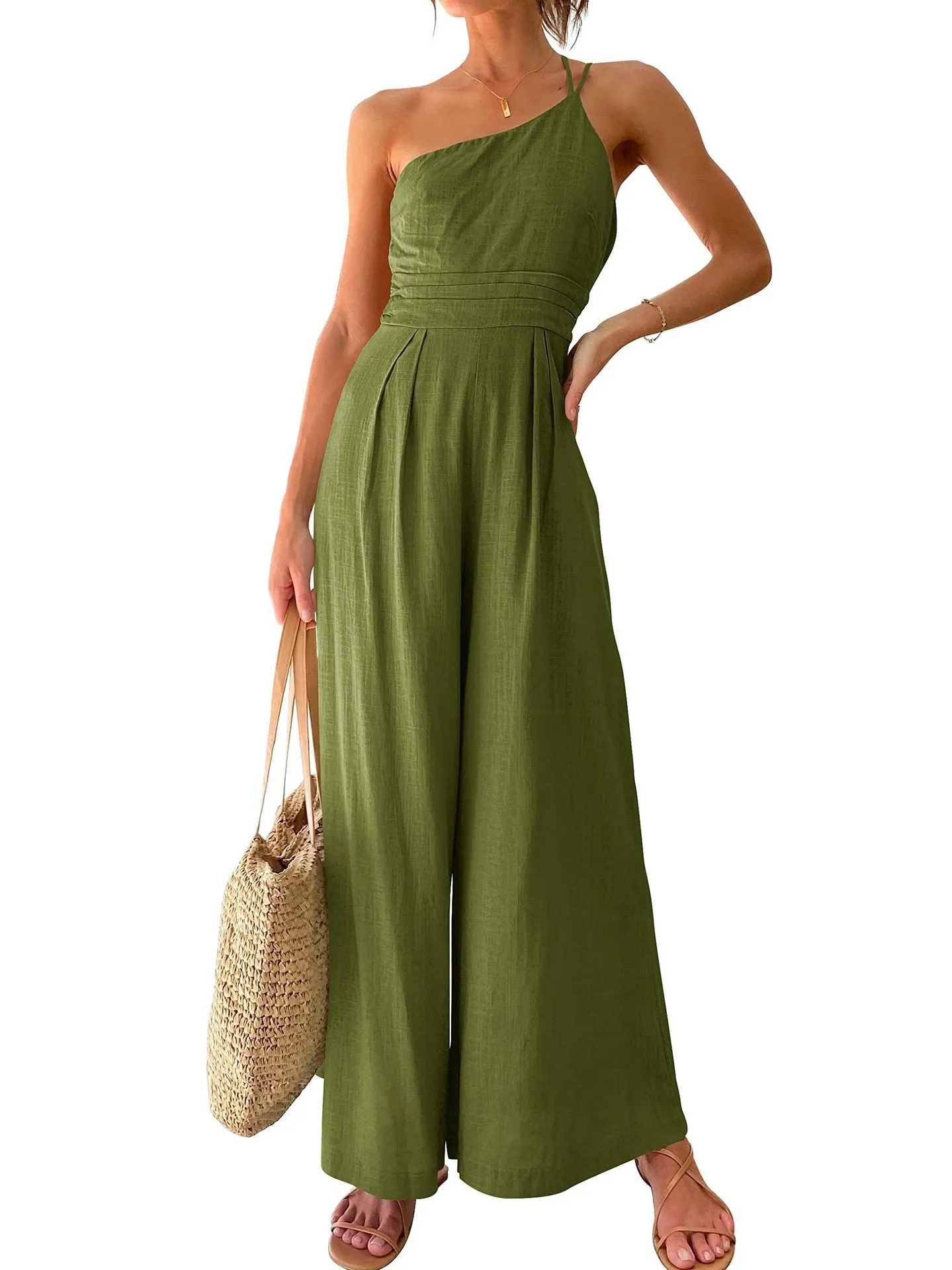Women Sexy Sling Waist Pocket Straight Sleeveless Jumpsuit