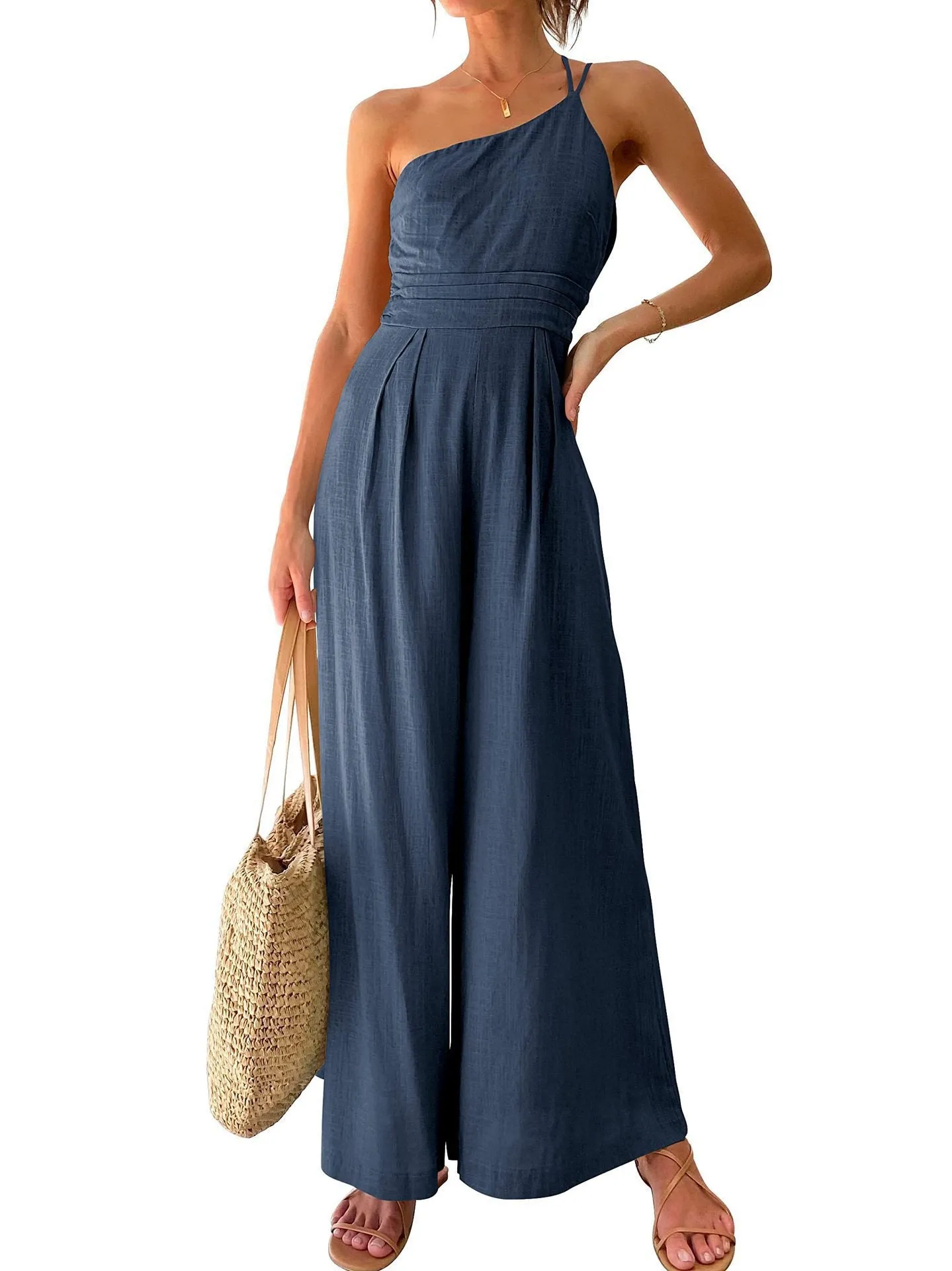 Women Sexy Sling Waist Pocket Straight Sleeveless Jumpsuit